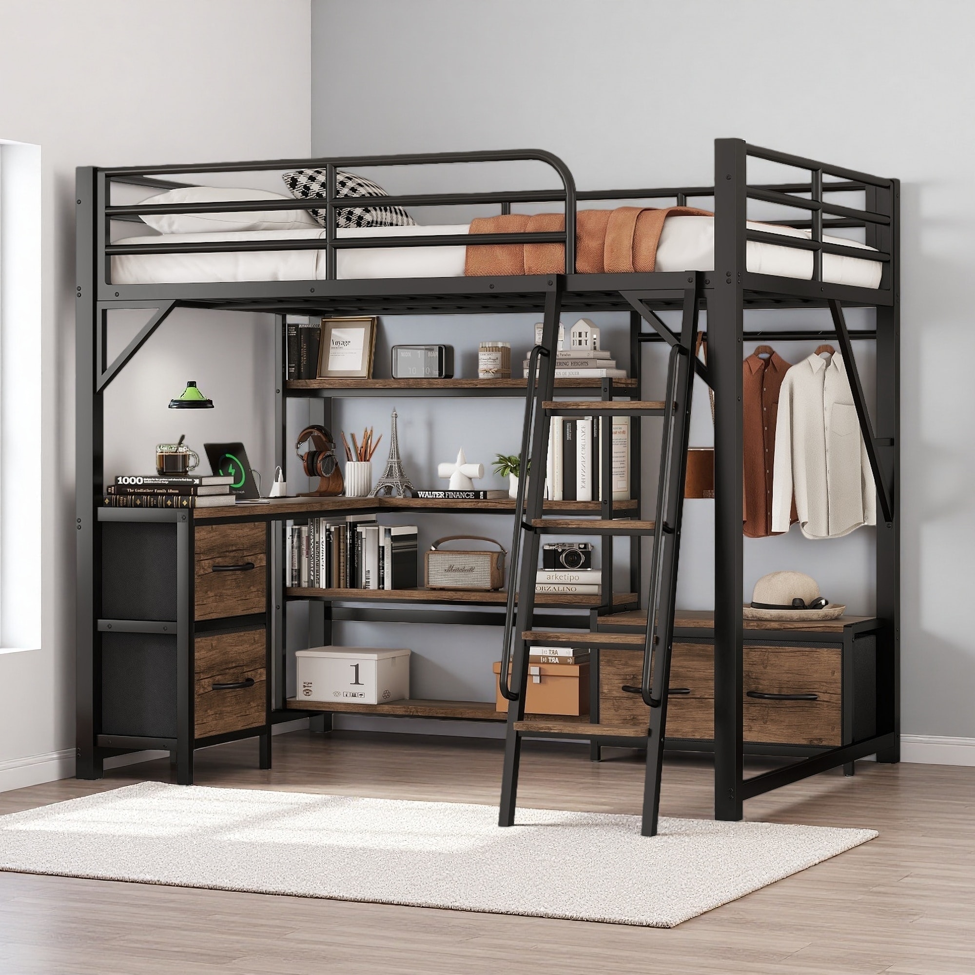 Full Metal Loft Bed with Desk & Wardrobe