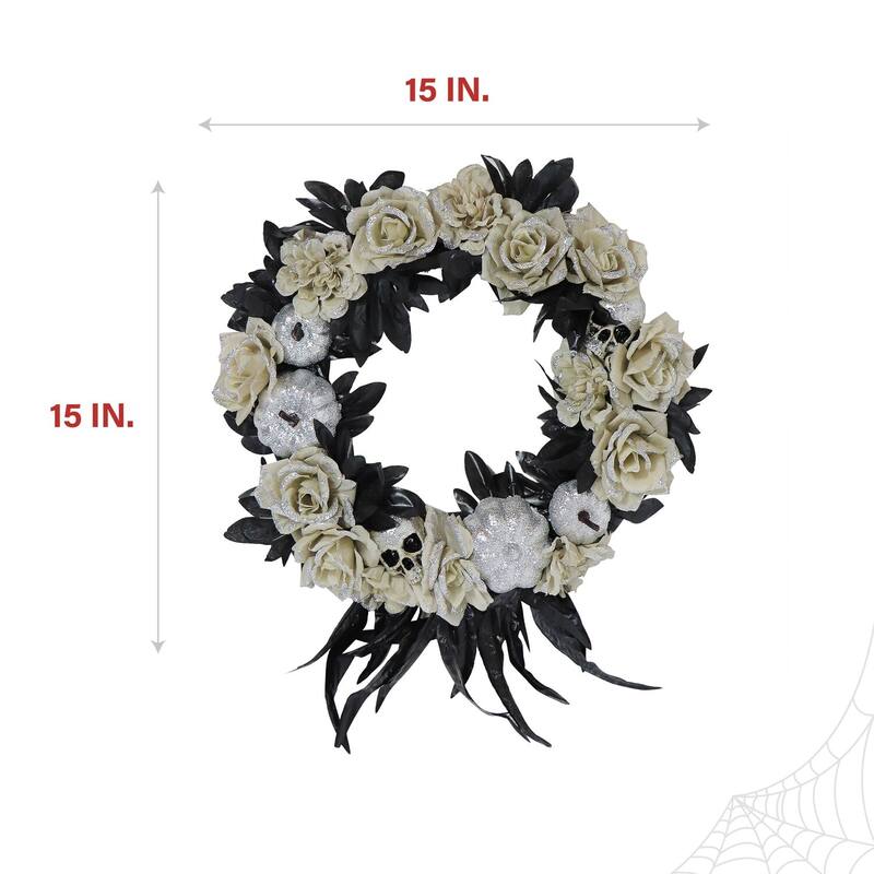 Haunted Hill Farm 15-In. Halloween Floral Wreath with Glitter Pumpkins and Skulls for Haunted House Hanging Decoration