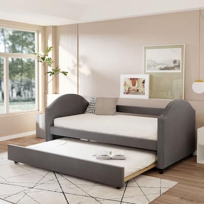 Full Size Upholstered Daybed with Trundle, Backrest, Armrests