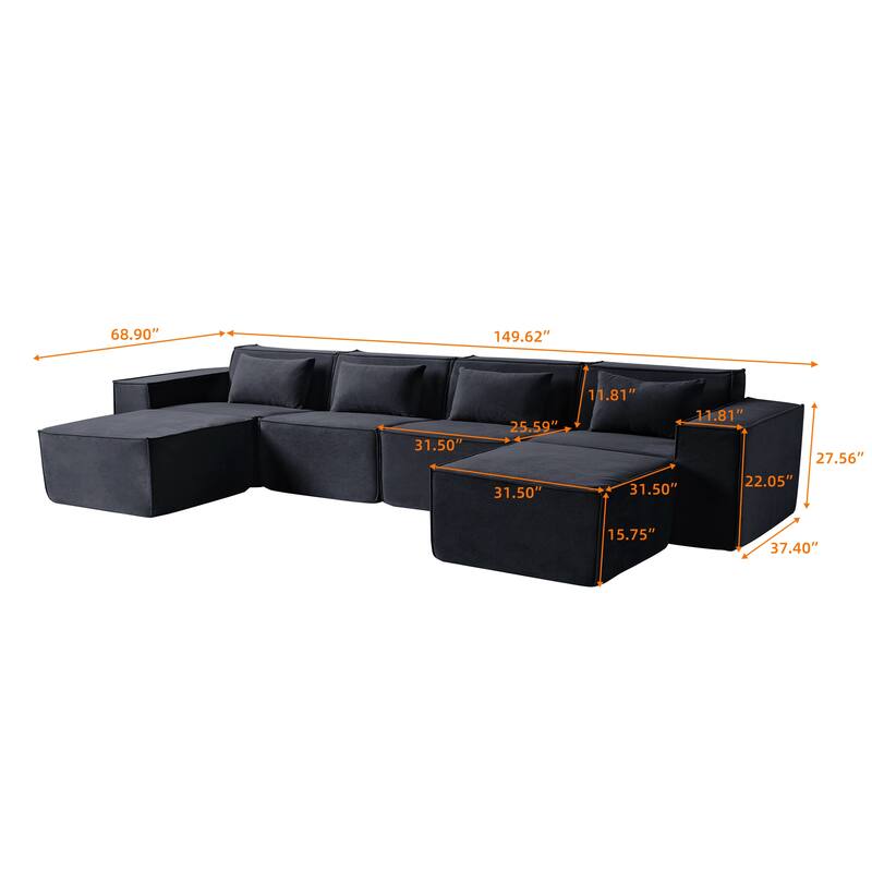 149" U Shaped Modular Sectional Sofa, 6-Seat Upholstered Sofa Couch, Free Combination