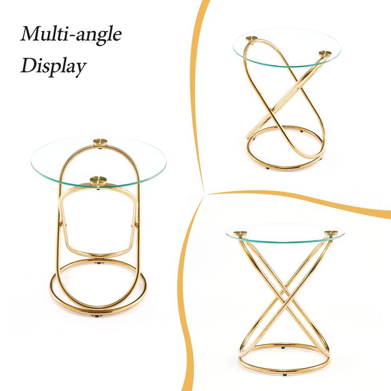Tempered Glass Round Side/End Table with Metal Legs - 19.7"Dia Top x 21.7"H x 15.6"Dia Base