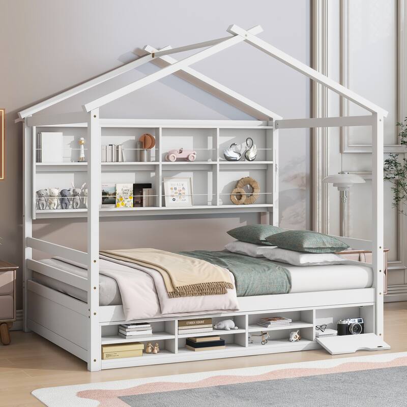 Full House Bed with Roof Frame, Bedside-shelves, Under Bed Storage Unit for Small Space, Living Room, Apartment - White