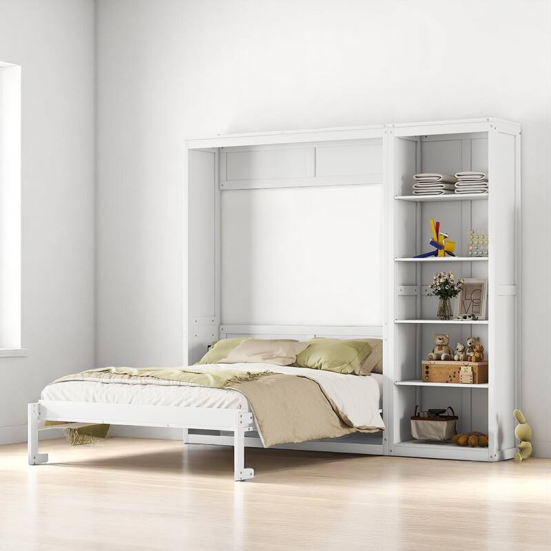 Full/Queen Size Murphy Wall Bed with Shelves, Foldable Cabinet Bed with Storage, Plywood MDF Frame