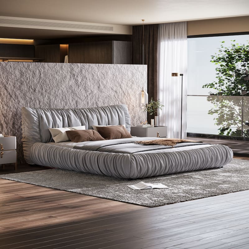 Light Grey King Size Luxury Upholstered Platform Bed with Removable Cushion and Solid Wood Frame - LIGHT GREY