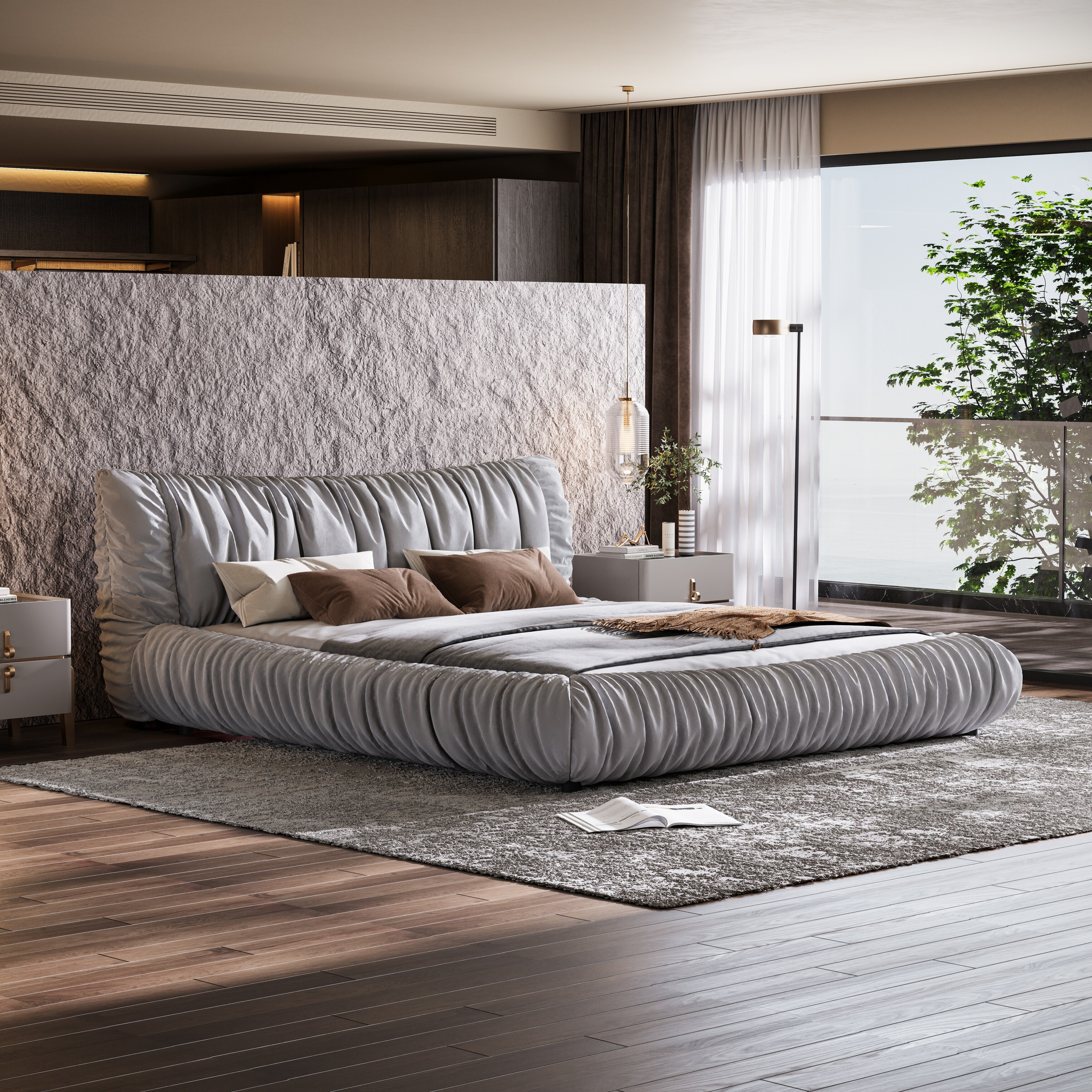 Luxury King Size Upholstered Platform Bed with Oversized Ruched Headboard Solid Wood Slats Support No Box Spring Required