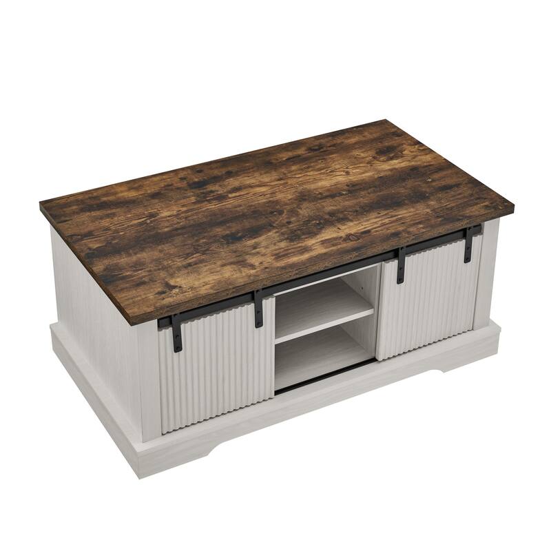 41.3 Inch Coffee Table with Storage and Sliding Wood Door, Farmhouse and Industrial Cocktail Table with Adjustable Shelv
