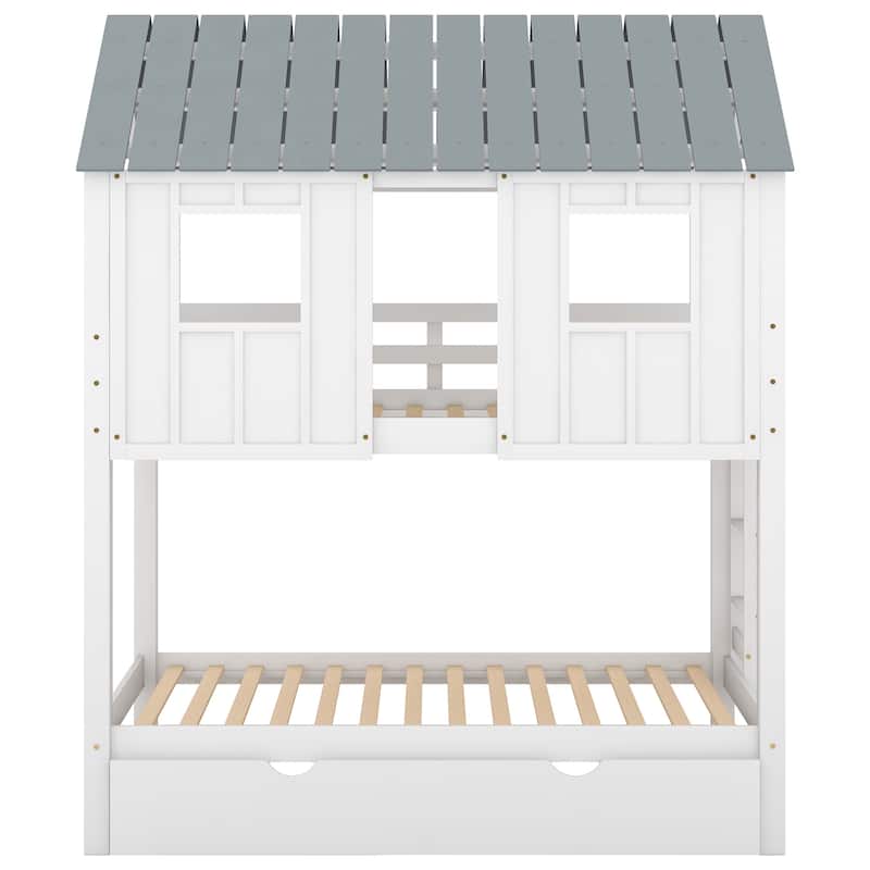 House Bunk Bed with Trundle,Roof and Windows