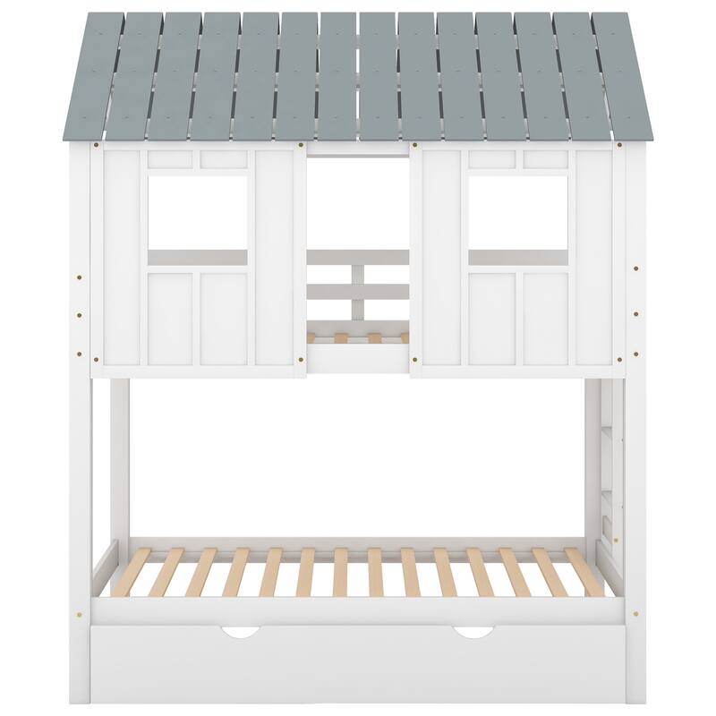 Twin Size House Bunk Bed with Roof and Windows, Space-Saving Design, Solid Wood Kids Bunk Bed Frame with Trundle & Guardrails