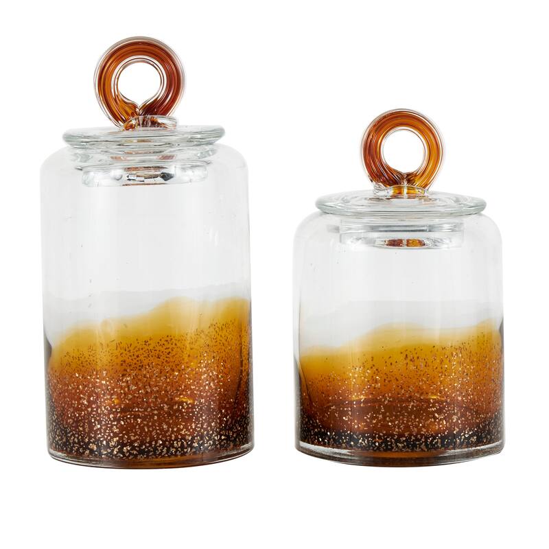 Brown or Blue Glass Handmade Decorative Jars with Gold Flake Details and Ring Lids (Set of 2)