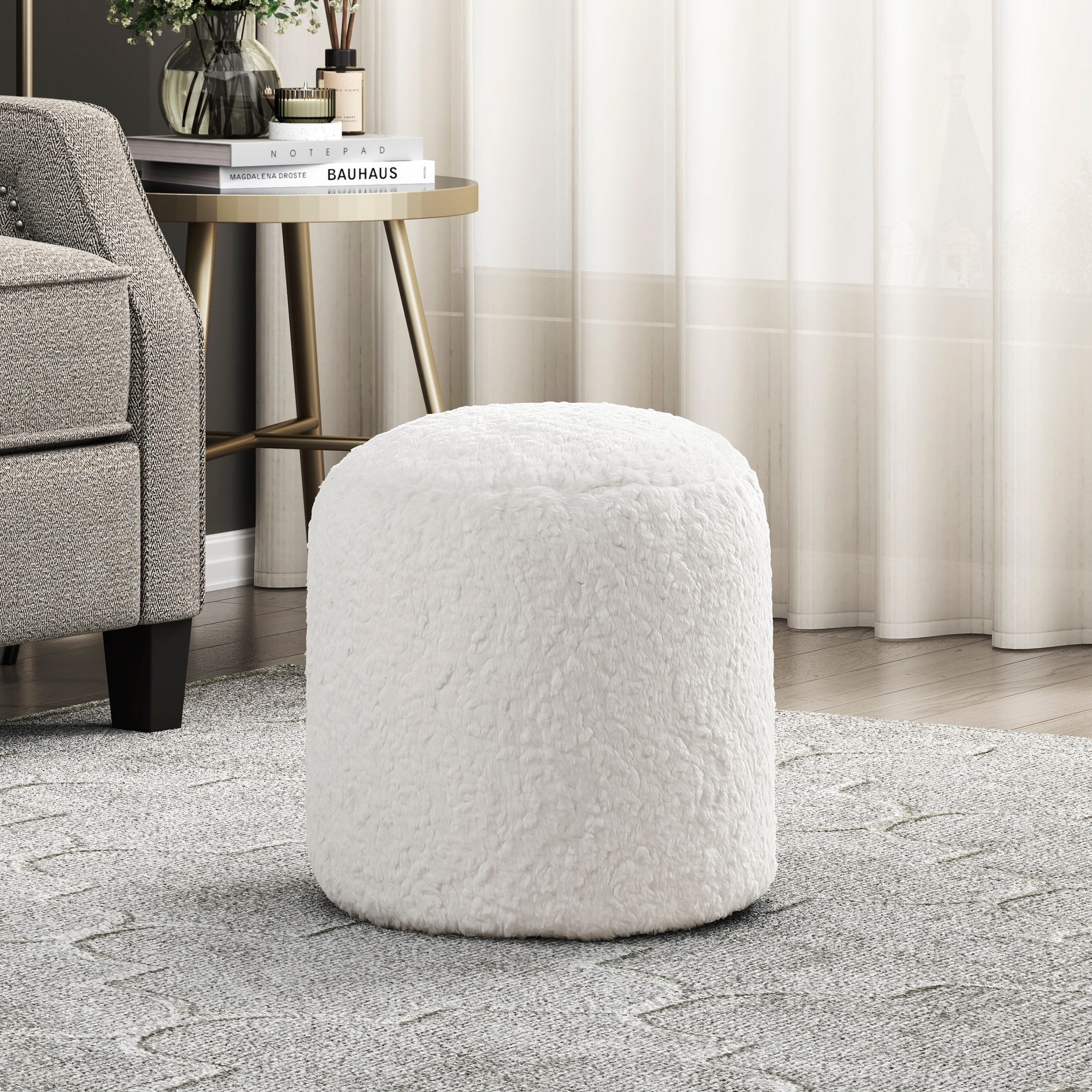 Modern Pouf Off White Faux Fur Fabric Upholstered Ottoman