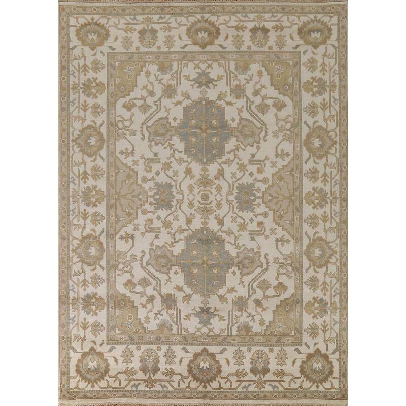 Floral Beige Oushak Oriental Area Rug Handmade Wool Carpet - 8'0"x 10'2"