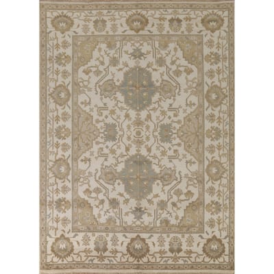 Floral Beige Oushak Oriental Area Rug Handmade Wool Carpet - 8'0"x 10'2"