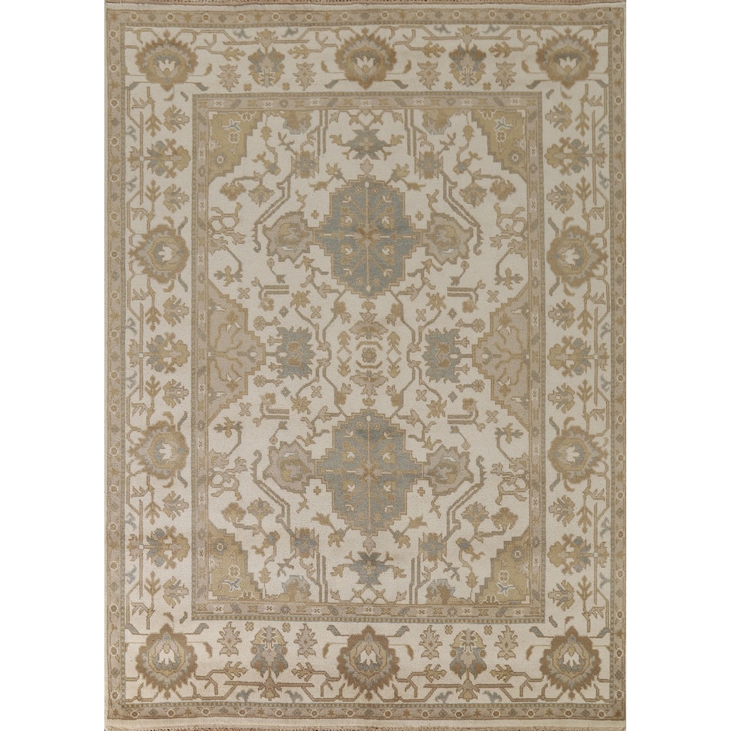 Floral Beige Oushak Oriental Area Rug Handmade Wool Carpet - 8'0"x 10'2"