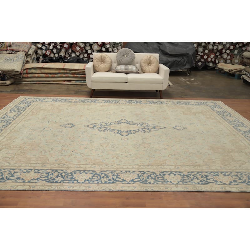 Hand Knotted Oriental 100% Wool Carpet Traditional Floral Navy Blue & Blues Kerman Area Rug - 13' 0'' X 9' 9''