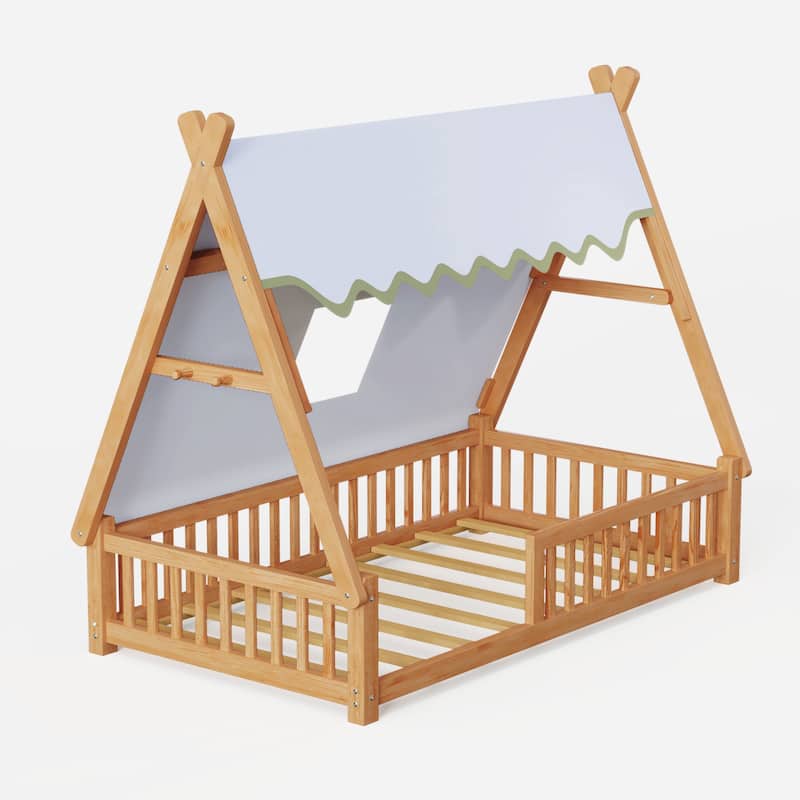 Twin Size Low House Tent Bed with Removable Roof Convertible Floor Bed with Fence, No Door for Kids Boys Girls