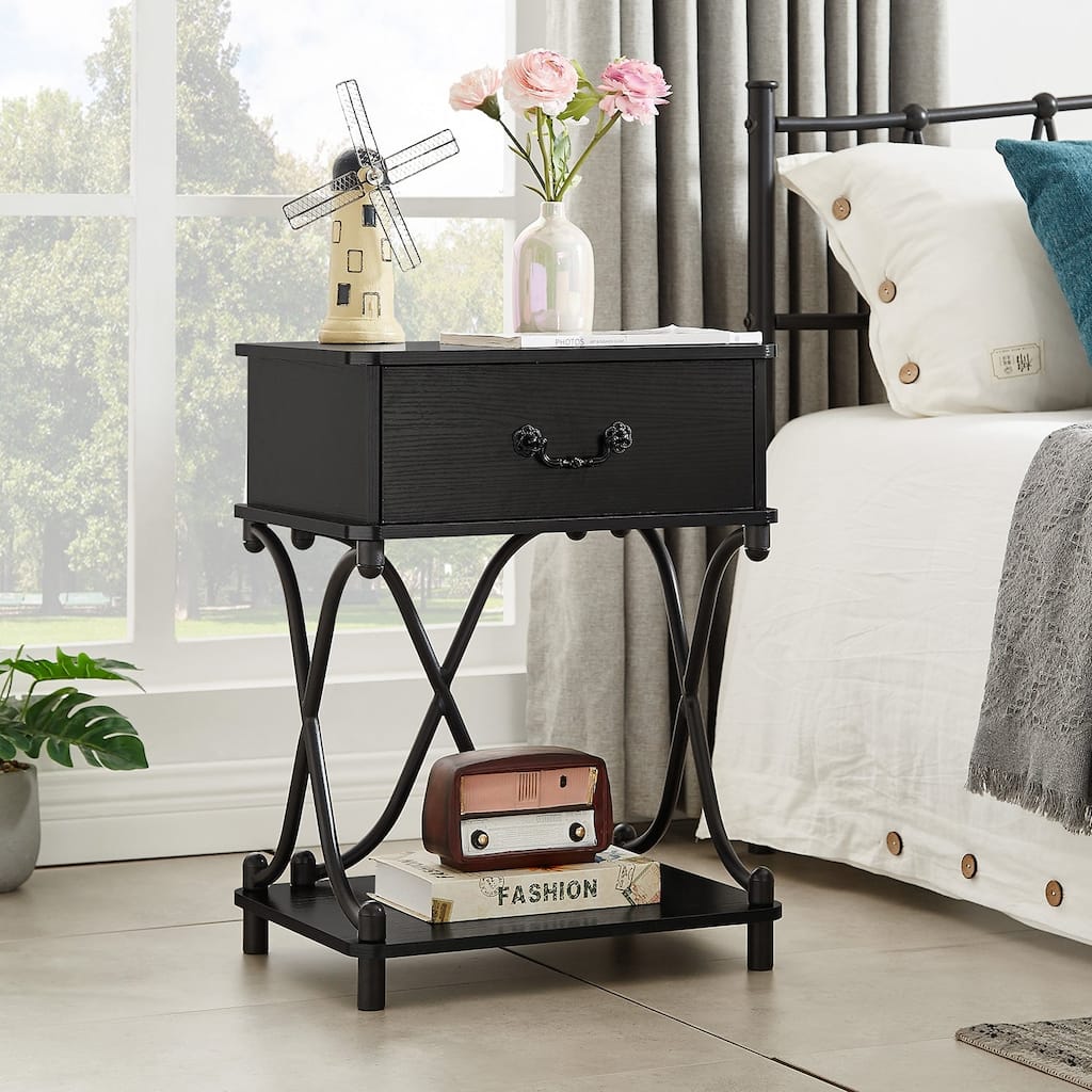 Modern Nightstand with 1-Drawer and Storage Shelf, X-design End Side Table