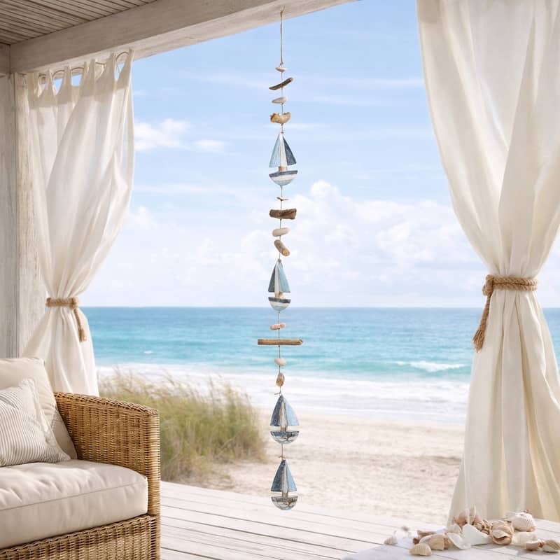 Decorative Wooden Boat Hanging Beaded Garland - 39", Blue & White