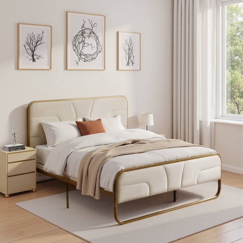 Modern Velvet Platform Bed - Cream - King