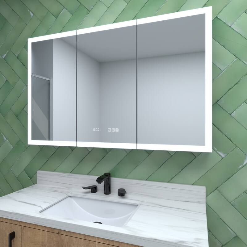 Rectangular Aluminum Recessed/Surface Mount Medicine Cabinet in Silver with Mirror LED and Clock