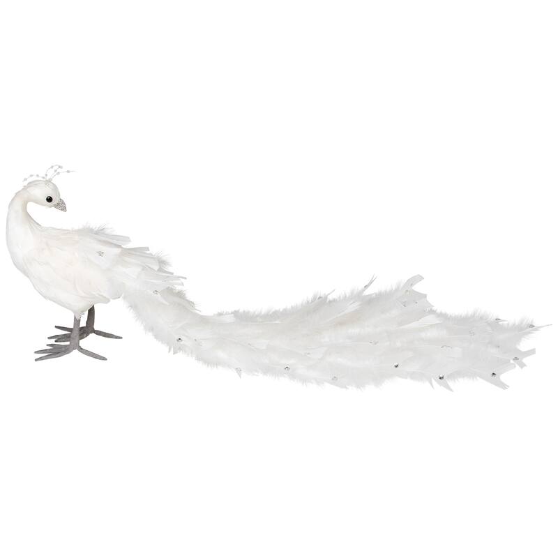 Jeweled and Glittered Peacock Christmas Decoration with Faux Pearls - 24" - White