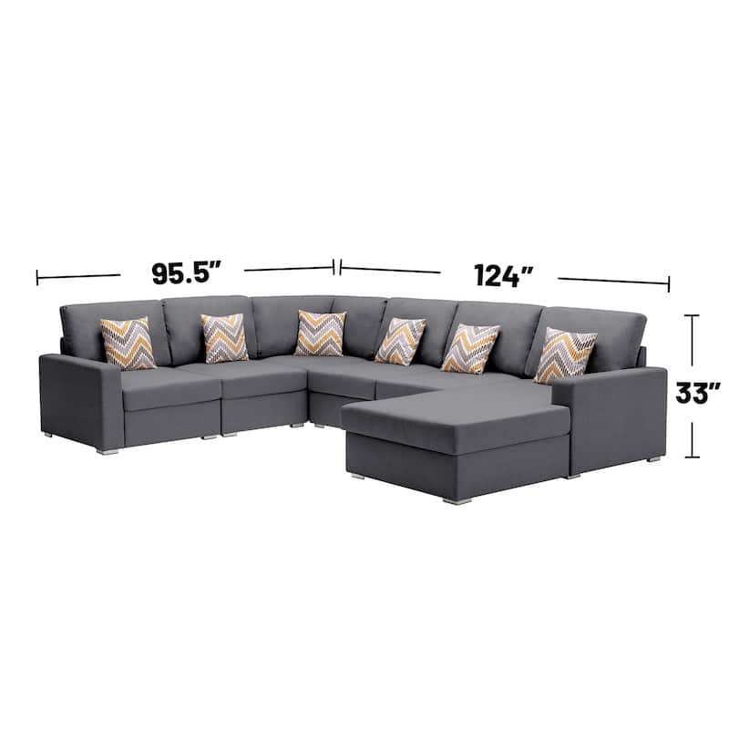 Linen Fabric 6 Piece Reversible Chaise Sectional Sofa with 6 Pillows and Interchangeable Legs