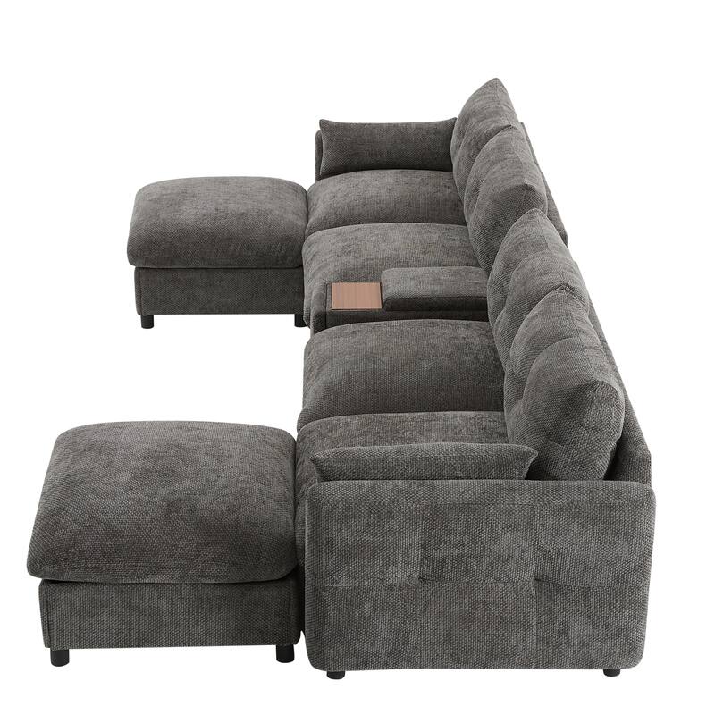 Oversized U Shaped Modular Sectional Sofa with 2 Storage Ottomans, Chenille 6 Seat Sofa with Console, Cup Holder & USB Charger