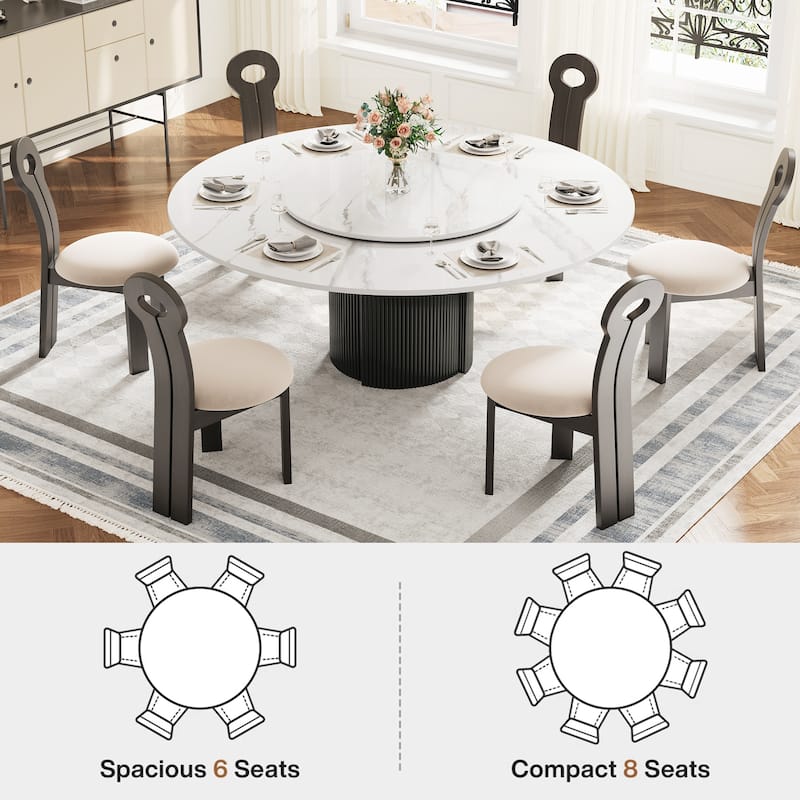 59" Modern Round Dining Table for 6-8, Glossy White Sintered stone Table top, Steel Grille column base