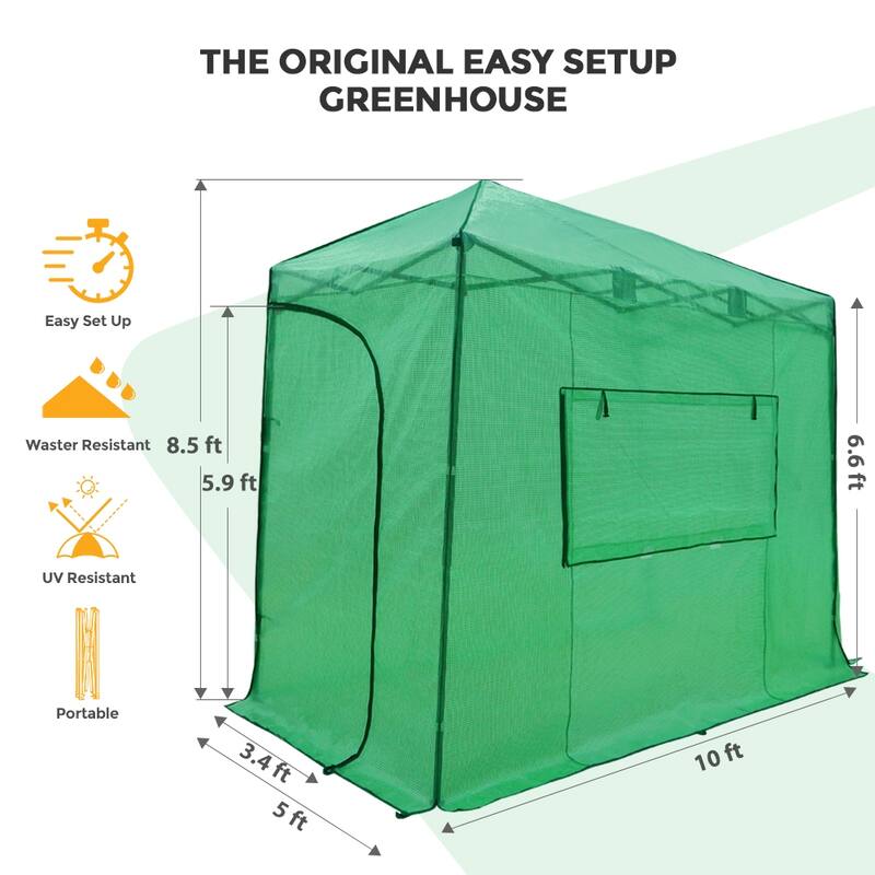 EAGLE PEAK 10x5 Portable Lean to Walk-in Greenhouse Pop-up Indoor Outdoor Canopy, Roll-Up Entry Doors and Roll-Up Side Windows