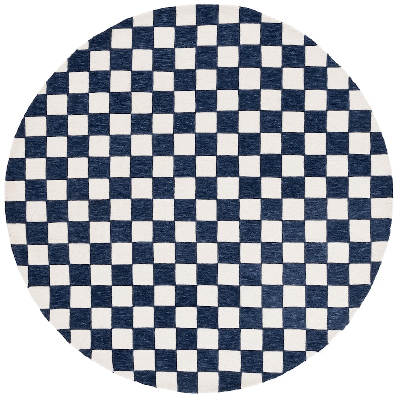 SAFAVIEH Handmade Martha Stewart Collection Berthild Checkered Wool Rug - 6' Round - Navy/Ivory - Round