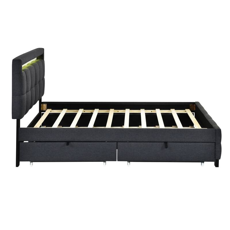 Queen Size Linen Upholstered Platform Bed with Twin XL Trundle and 2 Drawers Wood Storage Bed Frame with LED & Tufted Headboard