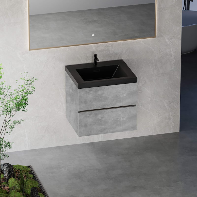 Grey Wall-Mounted Bath Vanity, Quartz Top,Sink and Soft Close Drawers