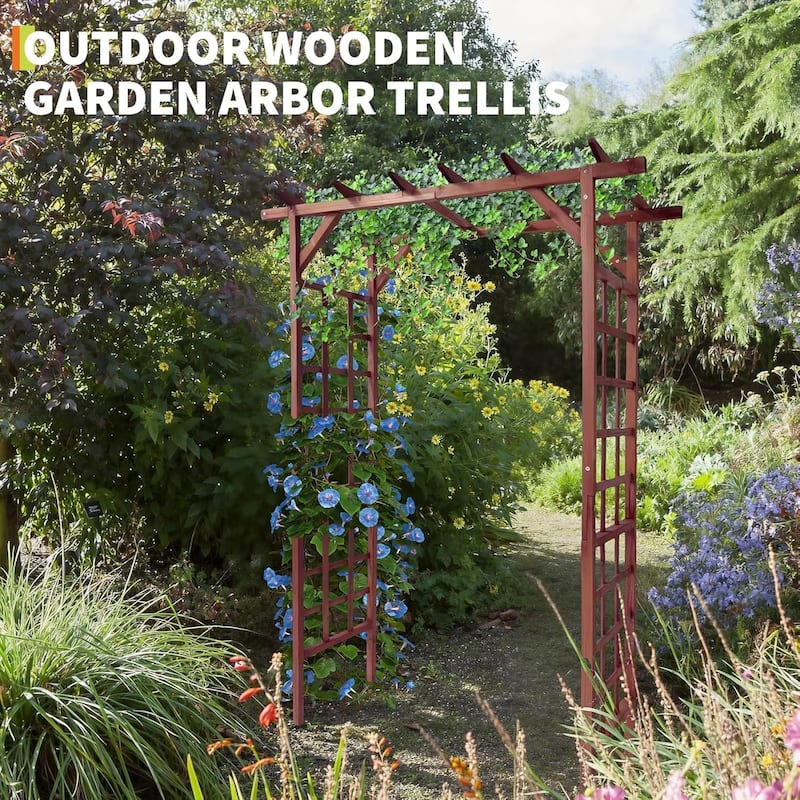85-Inch Wooden Garden Arbor with Flat Top Sturdy Fir Wood Pergola Trellis for Climbing Plants Teak