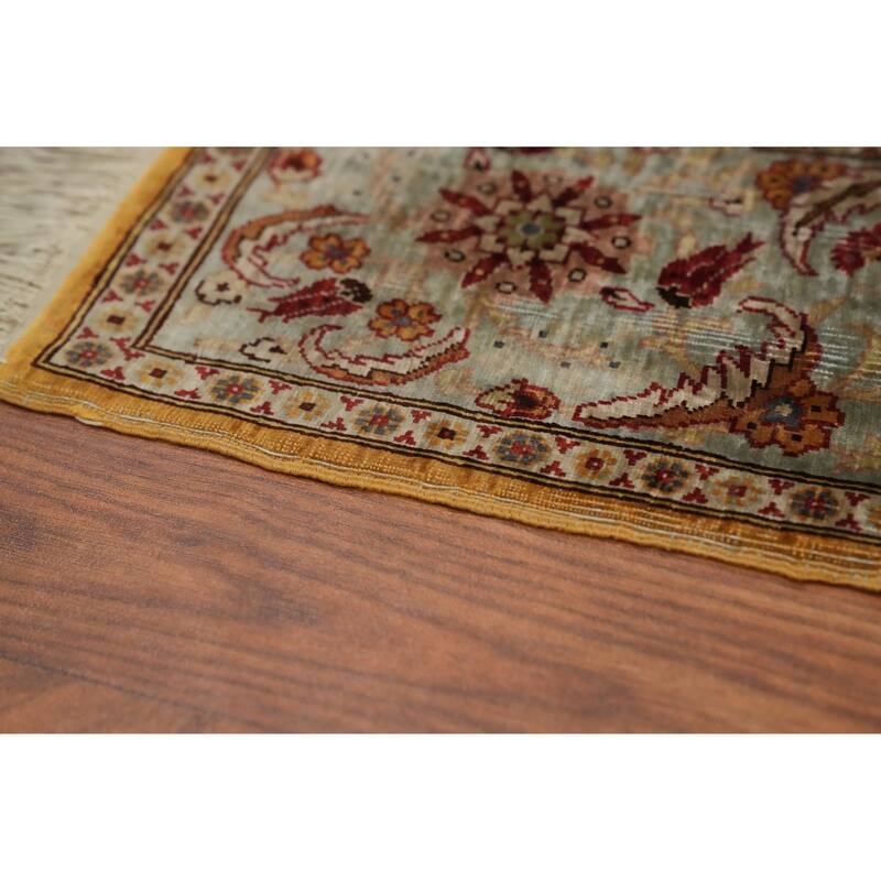 Hand Knotted Traditional Silk Orange Floral Area Rug - 3' 3'' X 2' 5''