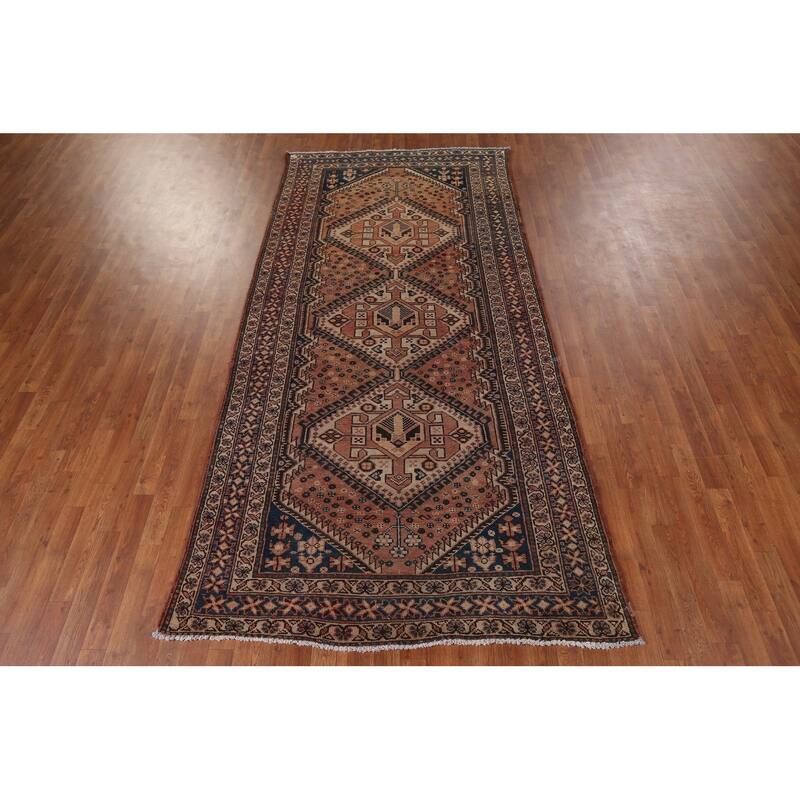 Geometric Bakhtiari Persian Vintage Rug Handmade Orange Wool Carpet - 4'11" x 10'0"