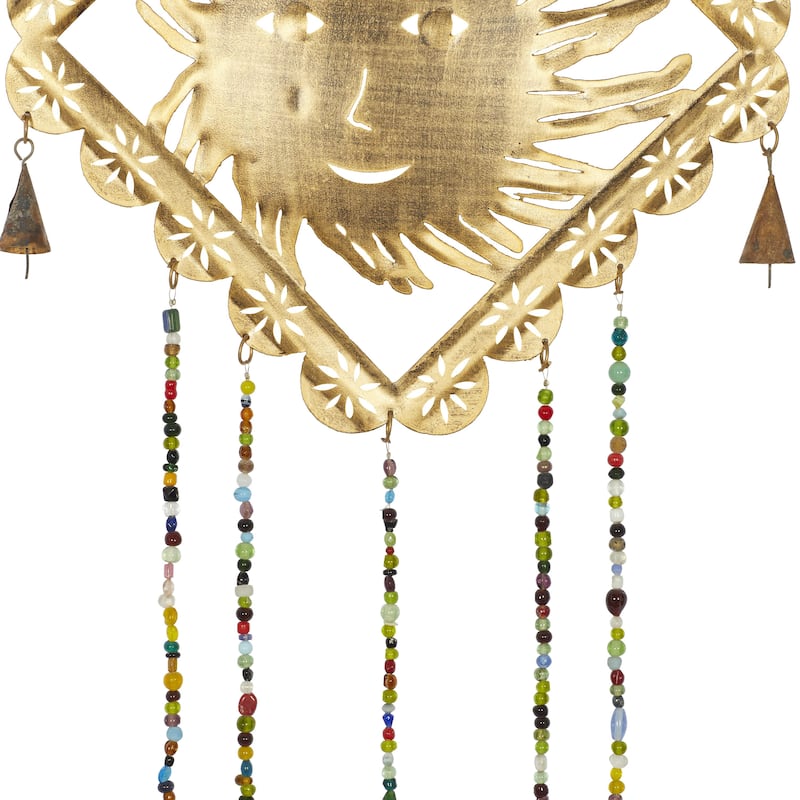 Metal Sun Windchime with Glass Beads and Cone Bells - Gold - Roche River Decor