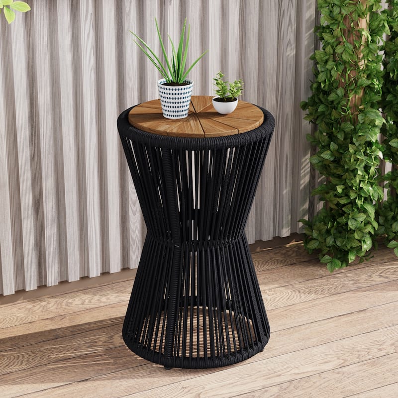 Scott Living - Nara 25.8"H Modern Outdoor Acacia Wood and Woven Rope Side Table, Tapered Cylindrical Silhouettes Design