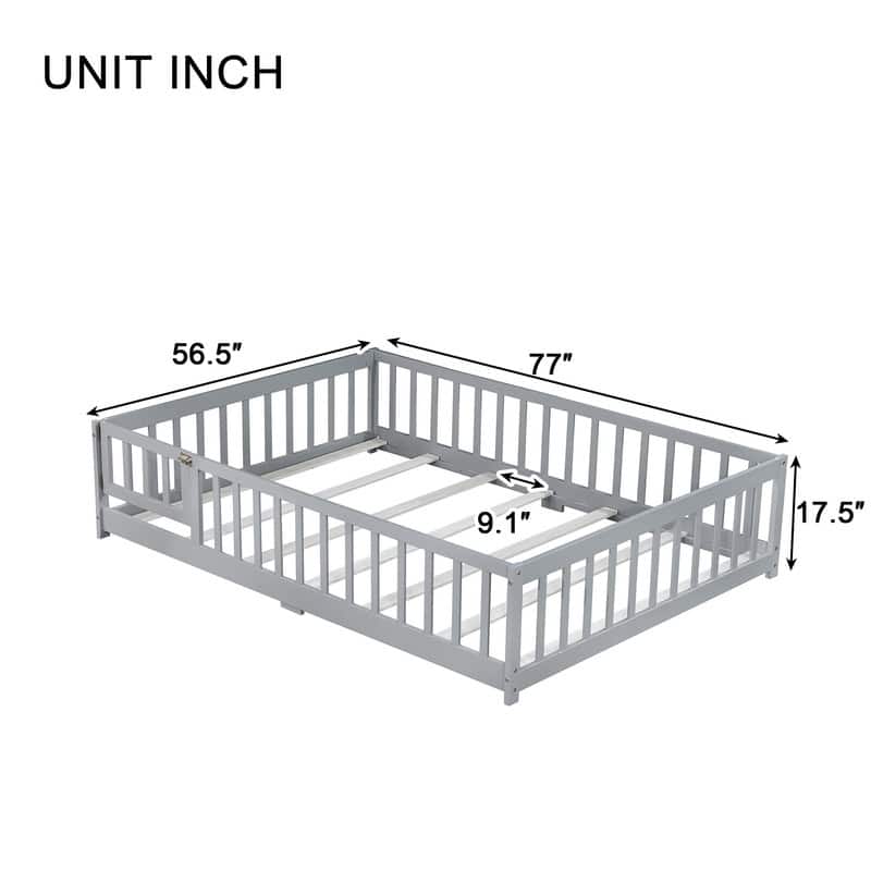 Full Size Rubber Wood Floor Bed with Fence and Door, Safety Guardrails