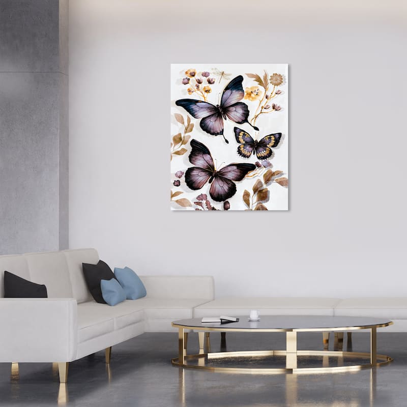 Wynwood Studio Canvas Animals Butterfly Dance III Purple and Dark Purple Traditional Wall Art Canvas Print - Purple, Brown - 36 x 30