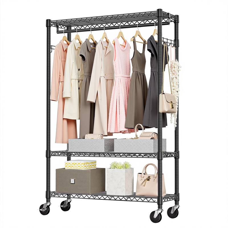 Heavy Duty Rolling Garment Rack 3 Tiers Adjustable Wire Shelving Clothes Rack with 1 Rods and Side Hooks - Black