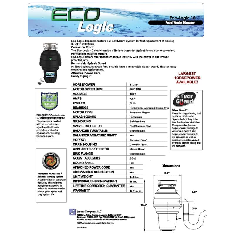 Eco Logic Premium Garbage Disposal with Brushed Nickel Stopper and Flange Kit - Brushed Nickel Sink Flange - 1-1/4 HP