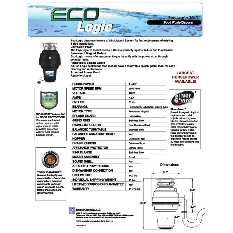 Eco Logic Continuous Feed Garbage Disposal for Kitchen Sinks