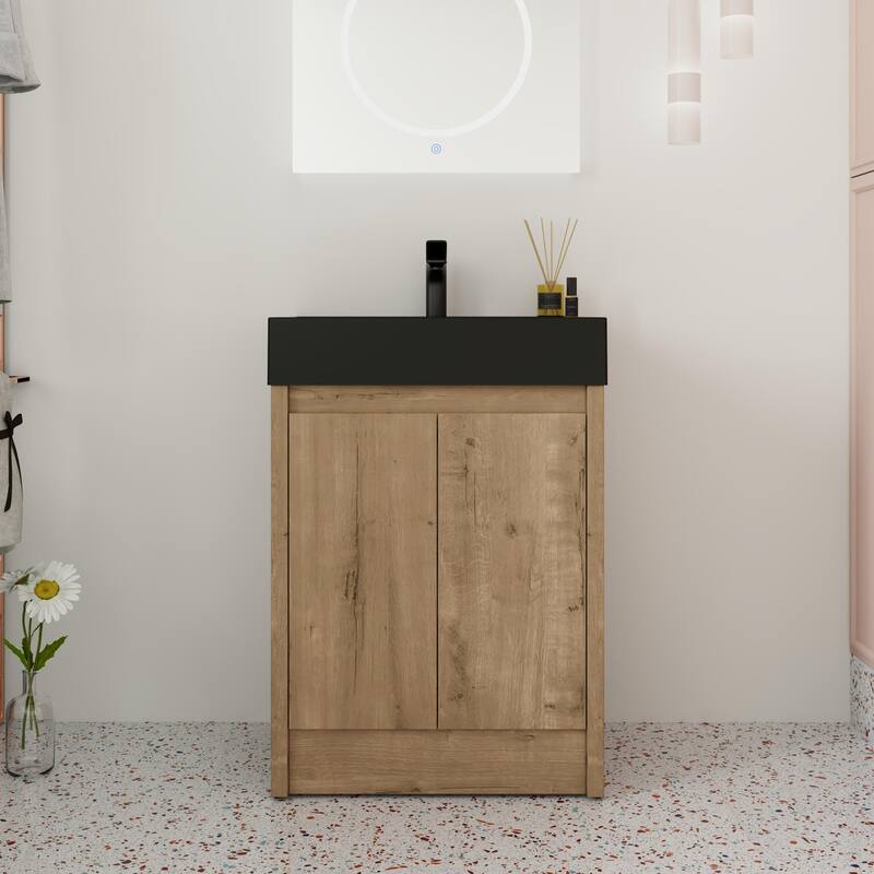 Beingnext 24"/30"/48"/60" Bathroom Vanity with Sink, Freestanding Bathroom Vanity with Soft Close Door - 23.6"W x 18.1"D x 35"H - Imitative Oak-Black Basin
