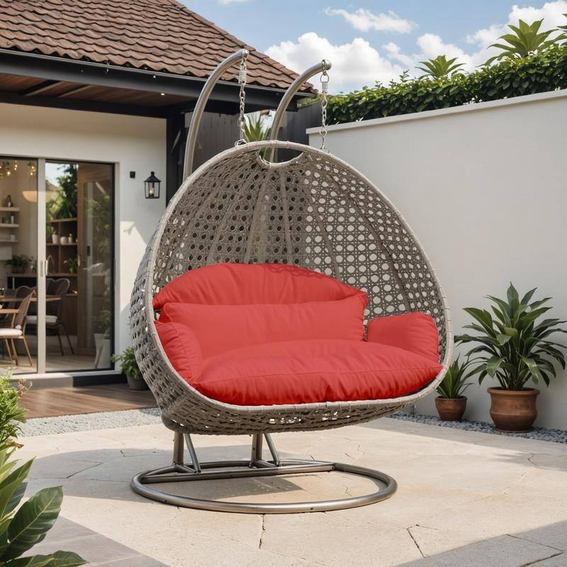 LeisureMod Modern 2-Person Egg Hanging Swing Chair with Beige Wicker, Oxford Fabric Cover, Patio Hammock Lounger and Cushions