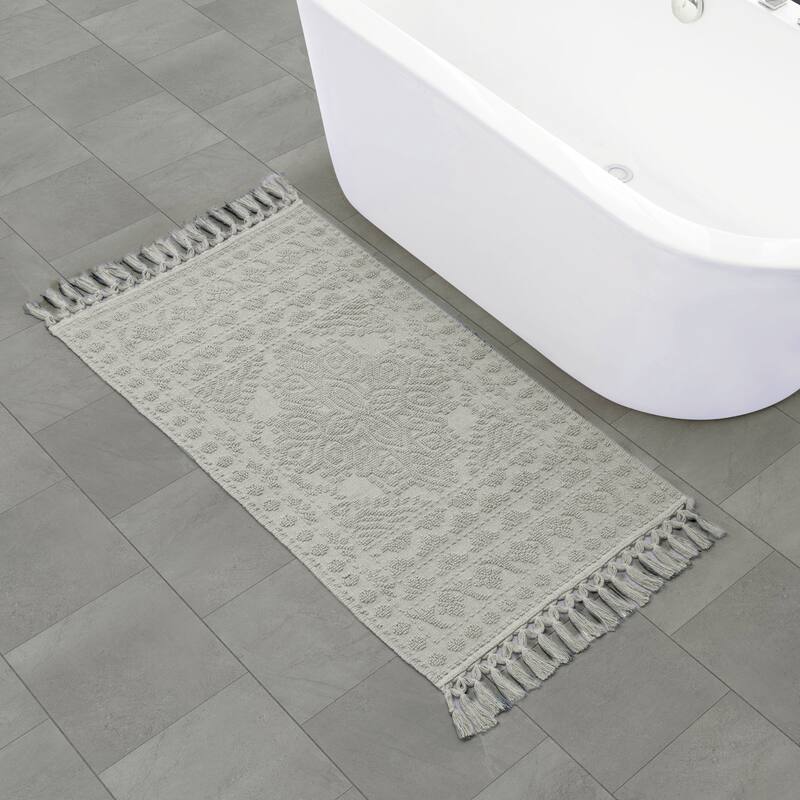 French Connection Nellore Fringe Cotton Bath Rug - 26x49 - Medium Gray