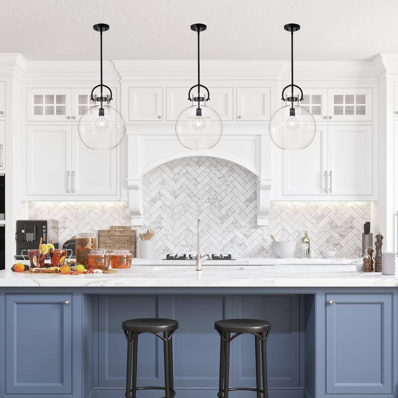 Matte Black 1-Light 14 Inch Globe Shaped Clear Glass Pendant