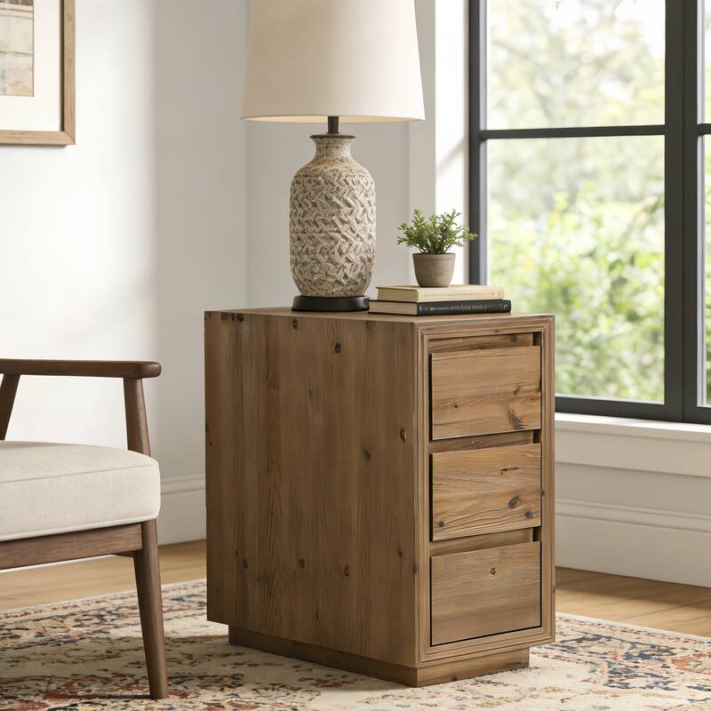 Solid Wood End Table with 3 Drawers, 23.62" H, No Assembly - Brown - 1 Pack