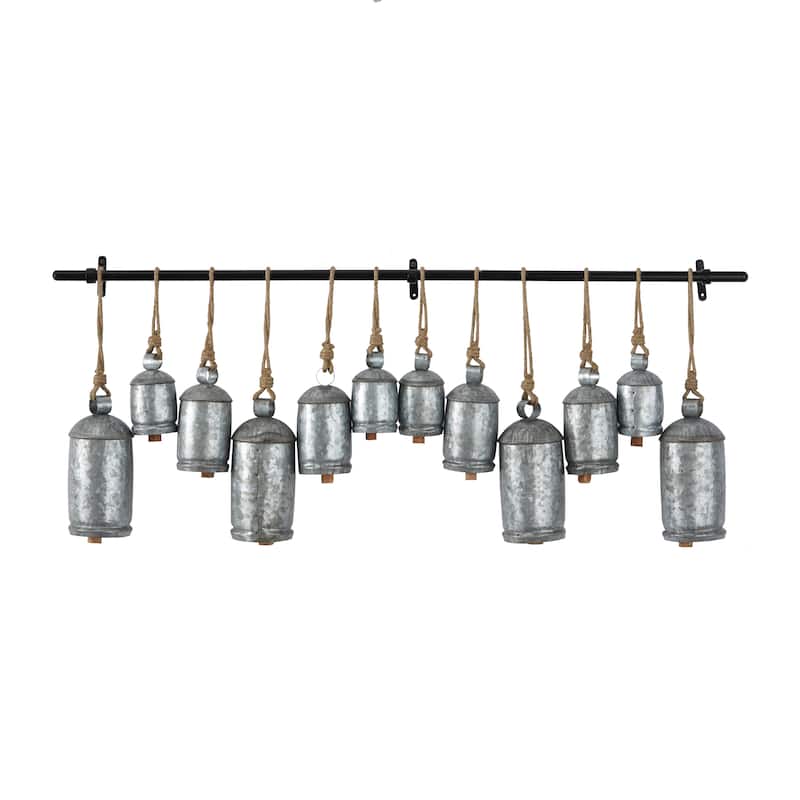 Bronze or Gray Metal Tibetan Inspired Decorative Cow Bell with Jute Hanging Rope and Rod