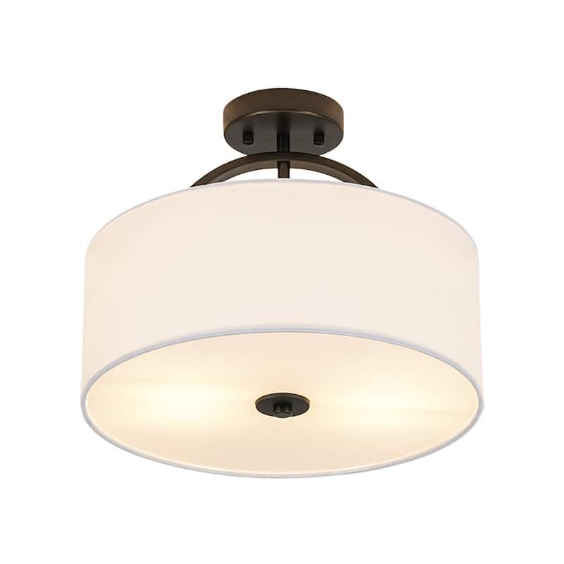 Contemporary 2-Light White Linen Drum Semi Flush Light 15in Wide