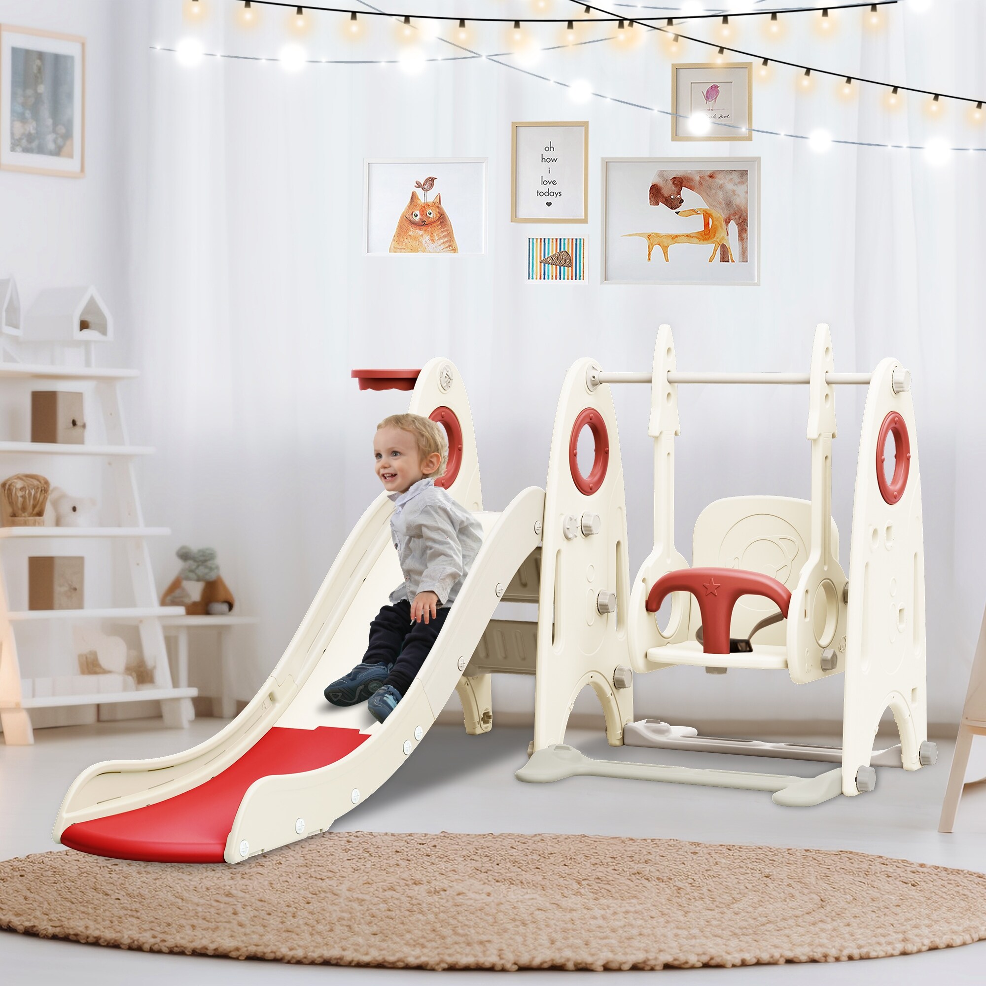 4 in 1 Toddler Slide Swing Set Kids Playground Climber Slide Playset with Basketball Hoop Freestanding Combination for babies Red