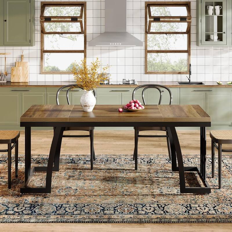 63" Farmhouse Dining Table for 4-6 People, Rectangular Kitchen Furniture, Rustic Brown & Black